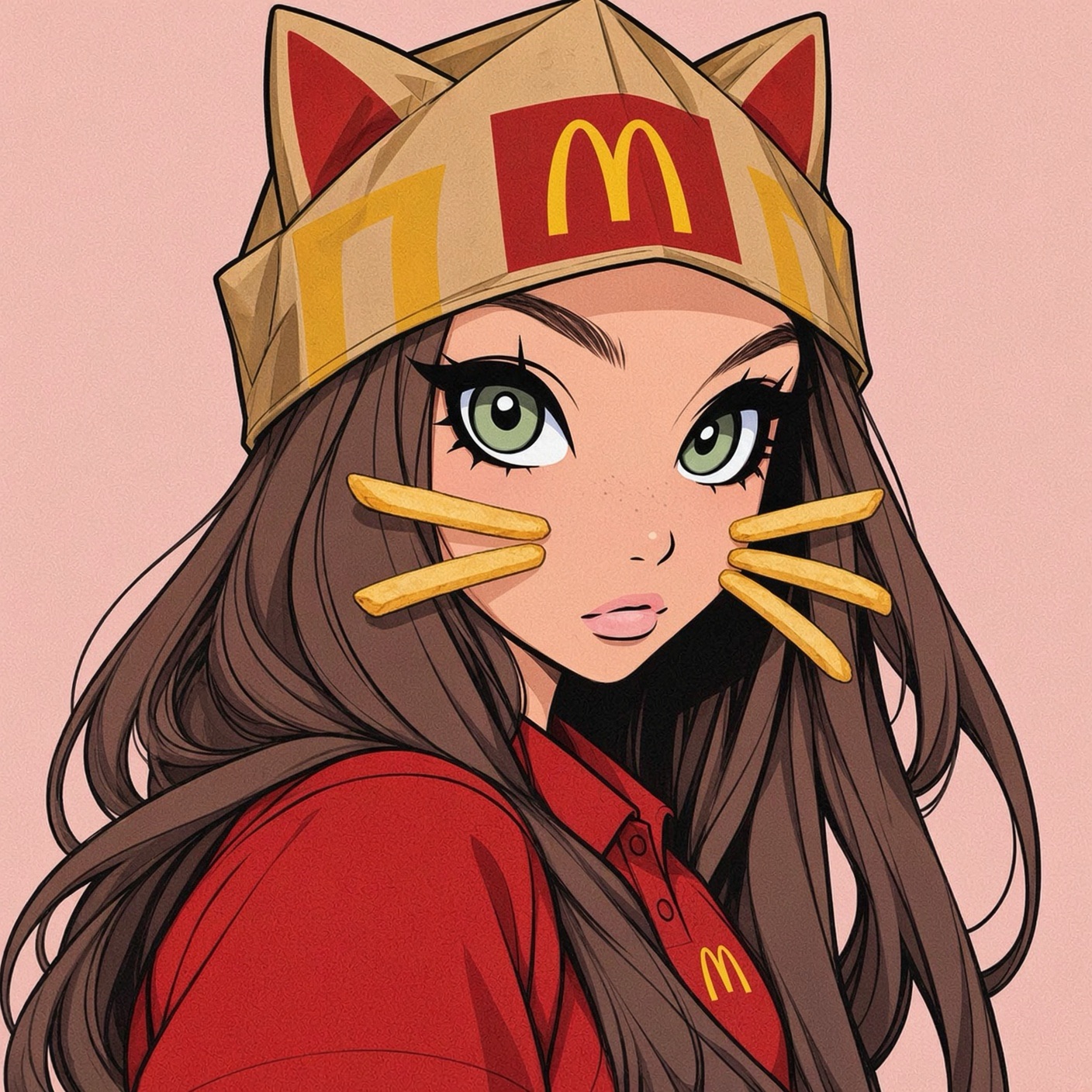 Illustrated woman wearing a paper cat crown and fry whiskers