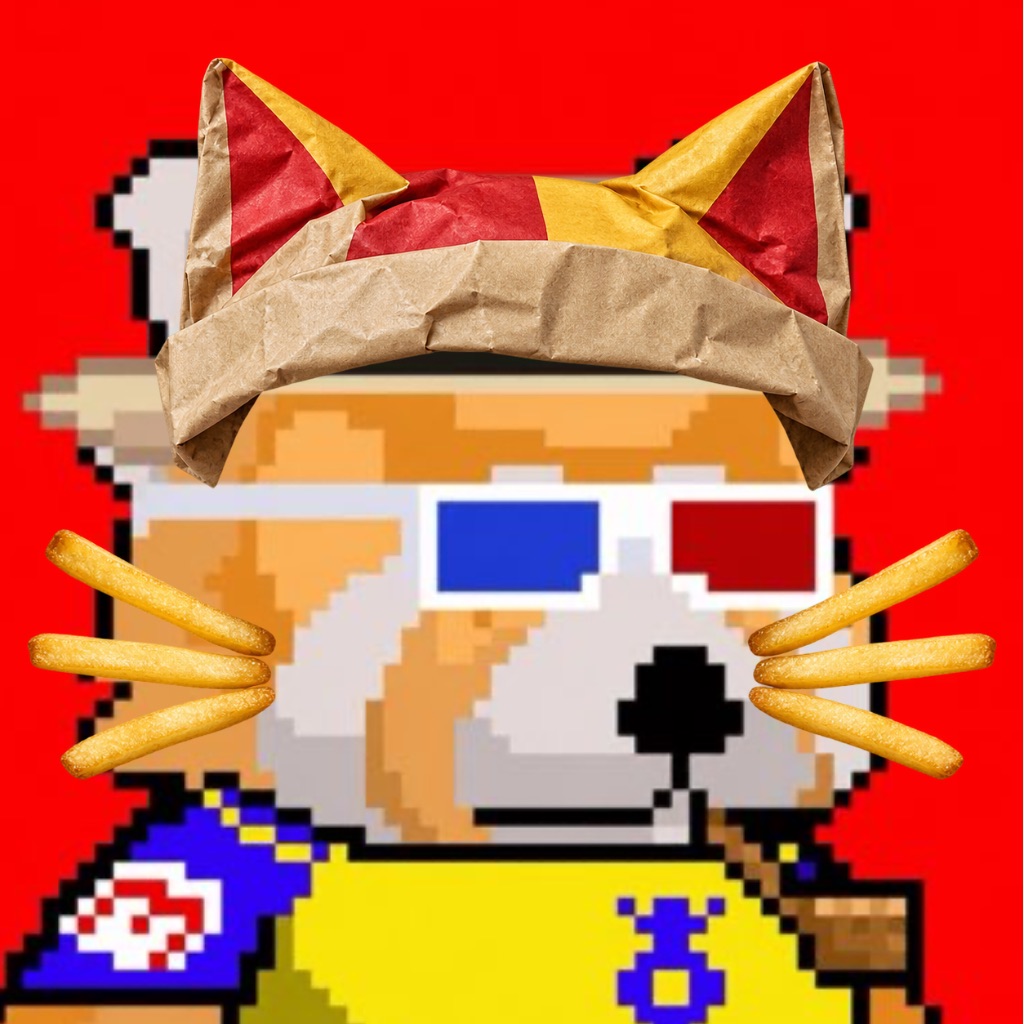 Pixel character wearing 3D glasses, a paper crown and fries