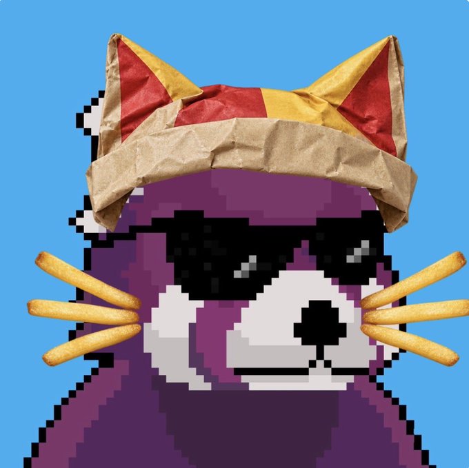 Purple pixel character with sunglasses, a paper crown and fries