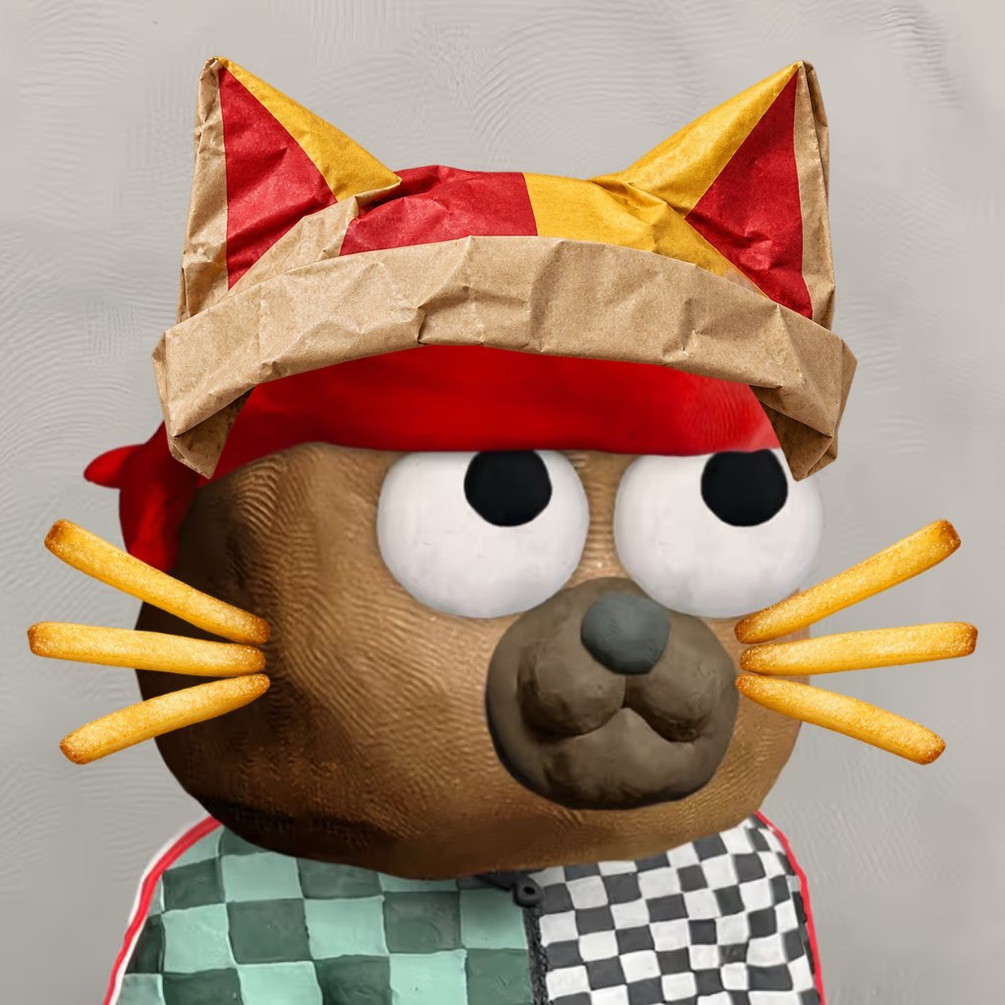 Toy character wearing a paper crown and fry whiskers