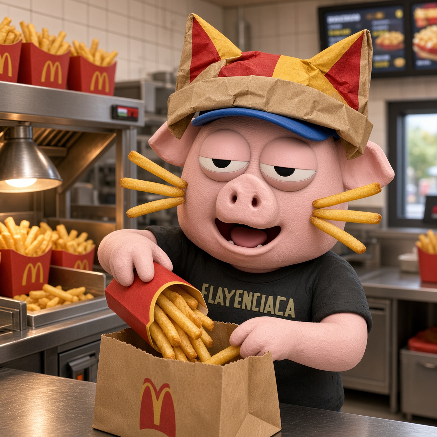 Cartoon pig wearing a paper crown and fry whiskers while bagging fries