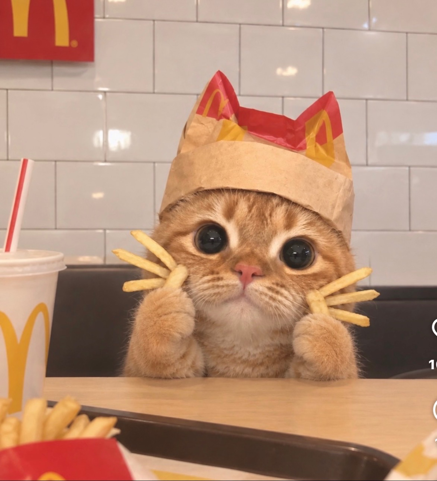 Wide-eyed orange McCat wearing a paper crown and holding fries at a restaurant table